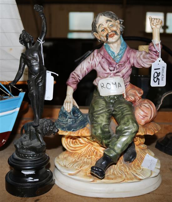 Italian pottery figure and a spelter figure